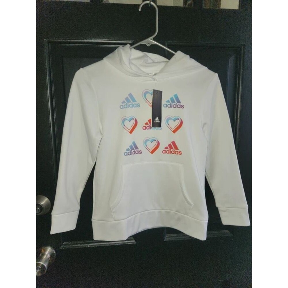 NWT Adidas Youth Girls Pullover Hoodie Size M 10/12 White Heart Logo Graphic